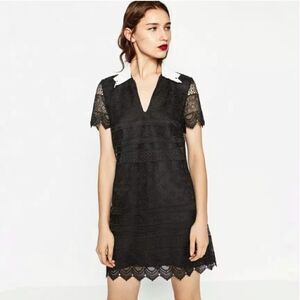 ZARA Guipure Black Lace Dress White Crochet Collar Size Small